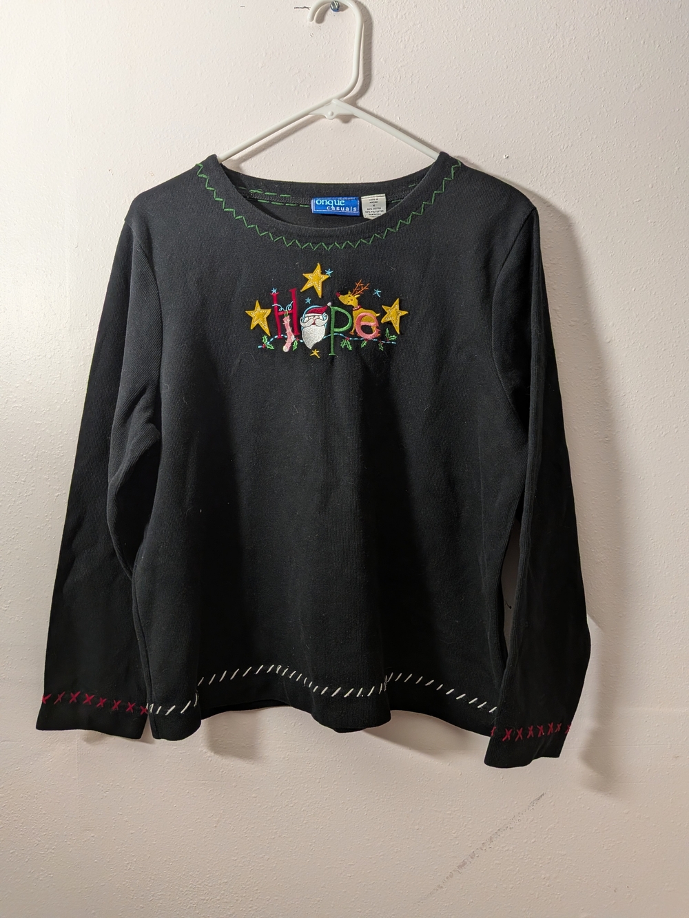 Womens Black Holiday Embroidered Long-Sleeve Sweater